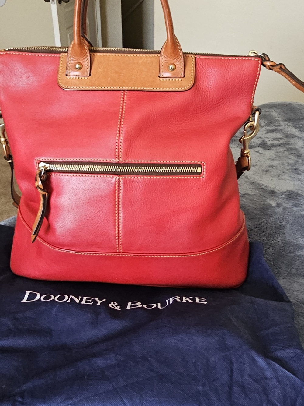 Dooney & Bourke Red Leather Tote with Tan Trim